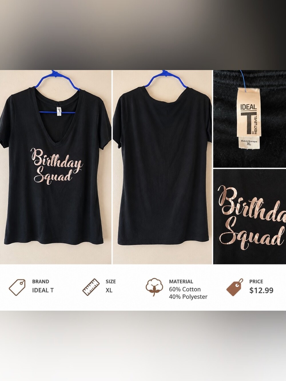 Ideal T 'Birthday Squad' Black V-Neck Tee - Metallic Rose Script